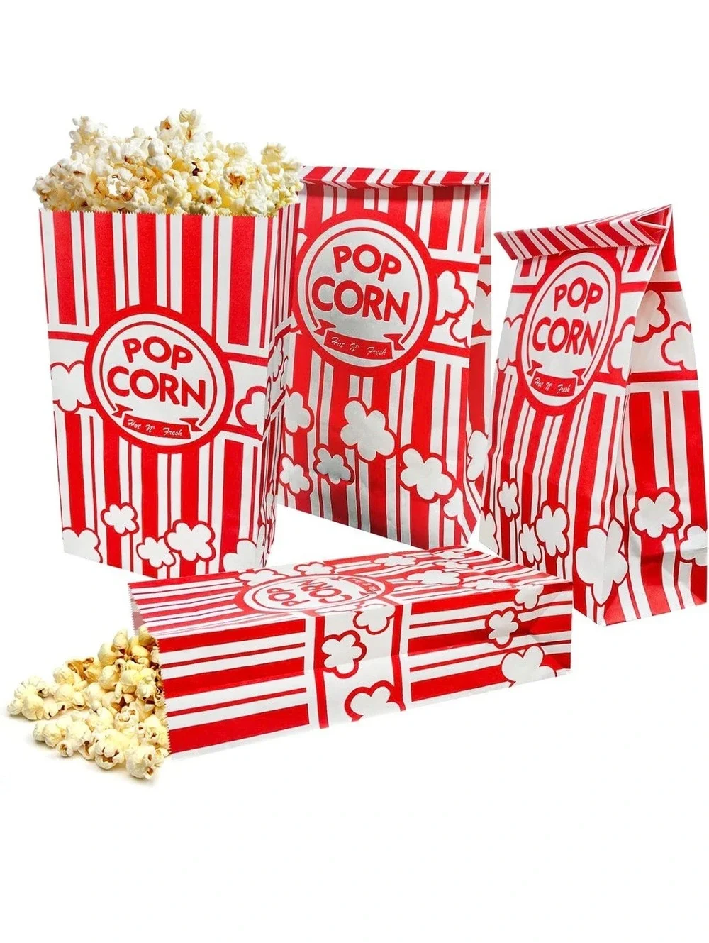 50 Pack Red and White Popcorn Bags with Flat Bottom and Leak Proof Design